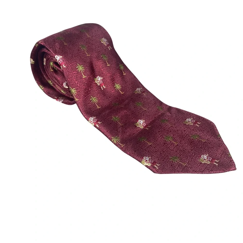 Tommy Bahama Necktie Mens Burgundy Santa Palm Tree Tropical Silk Christmas